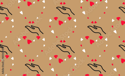 Love sending seamless pattern. Cute red, white heart shapes, outline hand illustration. Brown craft easy editable color background. Vector