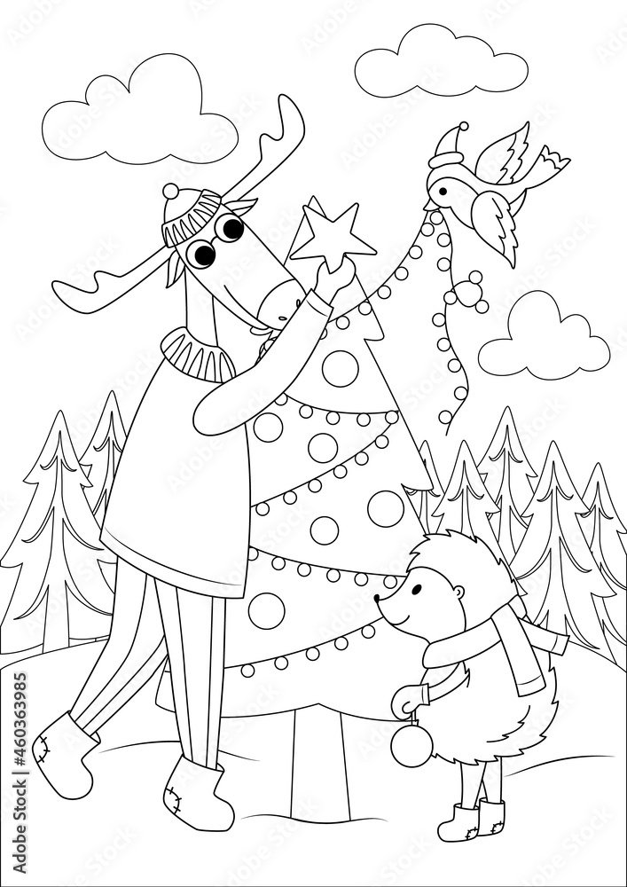 Deer, hedgehog and bird decorate the Christmas tree. Black and white New Year's drawing for children's coloring.  Vector contour illustration in cartoon style for New Year's print, postcard design.