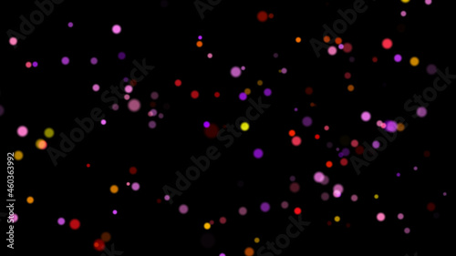 Futuristic flight of snowflakes in neon light rays on a black screen. Beautiful background. Particles are moved by the wind. Snow moves in space. 4K. 3D. Isolated black background.