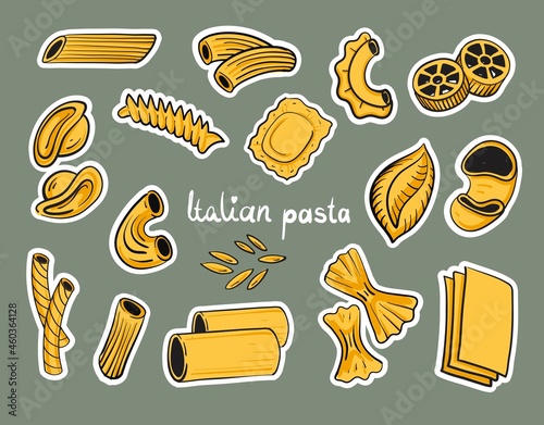 Italian pasta sticker set. Vector illustration.