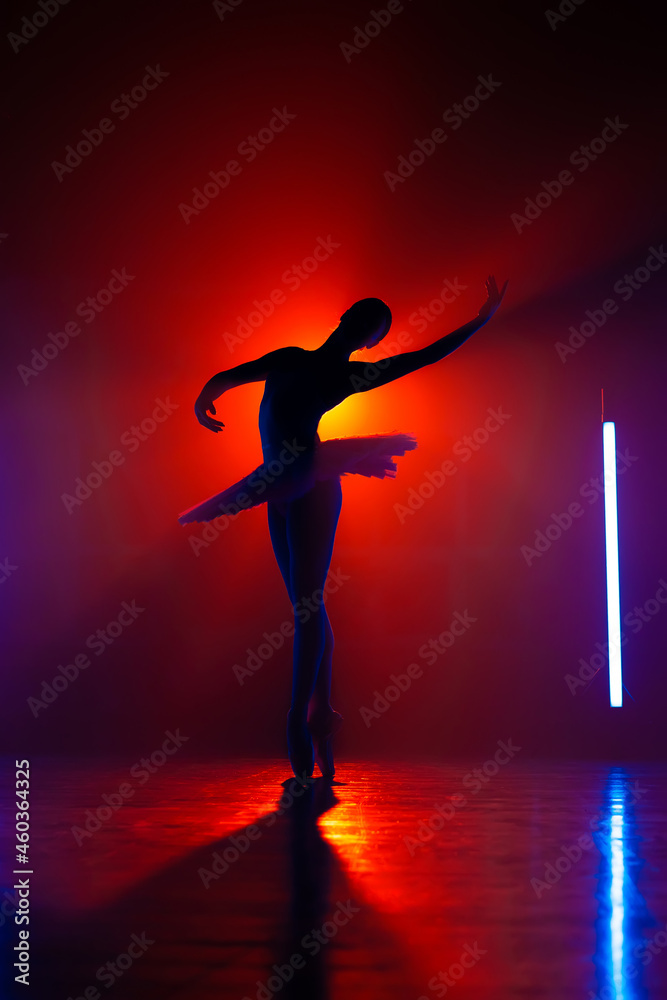 Silhouette of theater dancer in tutu on orange spotlight background. Woman ballerina dancing classical dance elements. Lightness, femininity and professionalism in movements