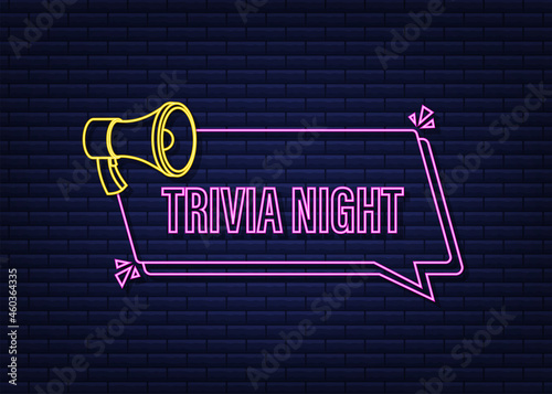 Megaphone with trivia night. Neon megaphone banner. Web design. Neon icon. Vector stock illustration.