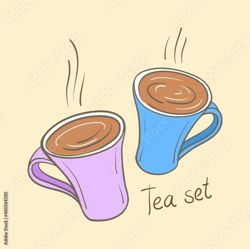 Vector illustration with two cups of coffee. Coffee time in cartoon style in pink and blue colors.