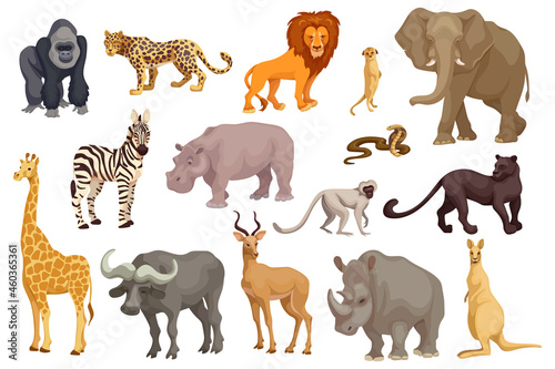 Set of wild animals  inhabitants of the African savannah. Predators  mammals  reptiles. Cartoon characters on a white background. Stylized vector graphics.