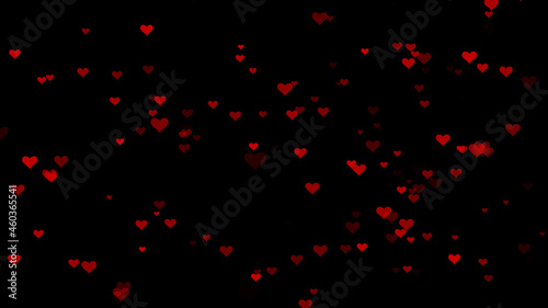 Abstract chaotic movement of red hearts in space. Valentine's Day concept. 3d. 4K. Isolated black background.