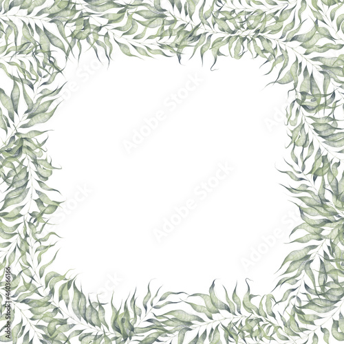 Watercolor square frame with illustration of plant elements isolated on a white background in modern style. Branches with leaves for wedding invitation  greeting card  illustration  set.