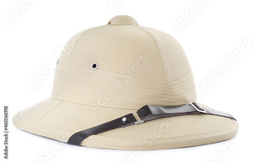 Stylish safari hat isolated on white. Trendy headdress