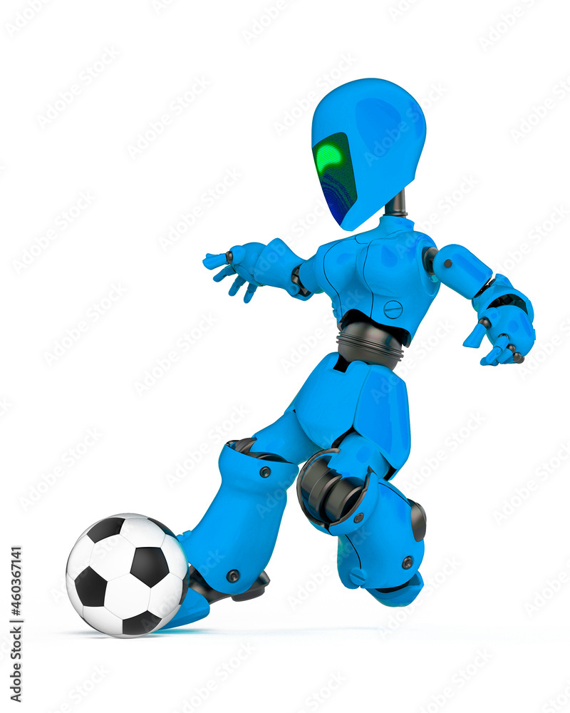 robot girl is kicking the football ball in white background robot girl is kicking the football ball in white background