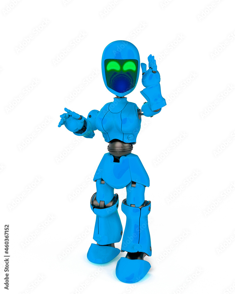 robot girl is standing and talking in white background