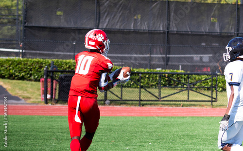 Football wide receiver catching a pass in the endzone for a touchdown © coachwood