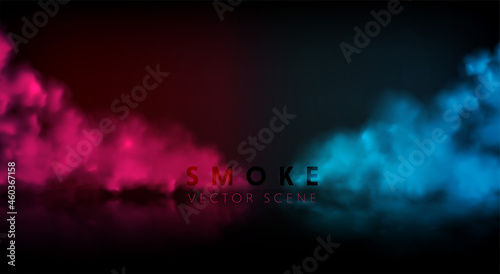 Smoke stage vector background. Abstract blue and red fog with shadow.