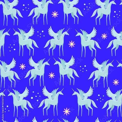 Pegasus with spread wings and a horn. Seamless pattern. Children s print.