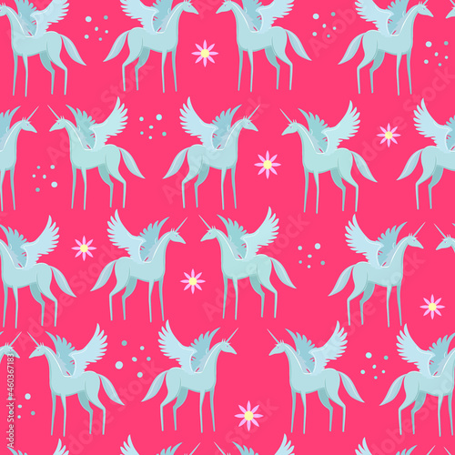 Pegasus with spread wings and a horn. Seamless pattern. Children's print.