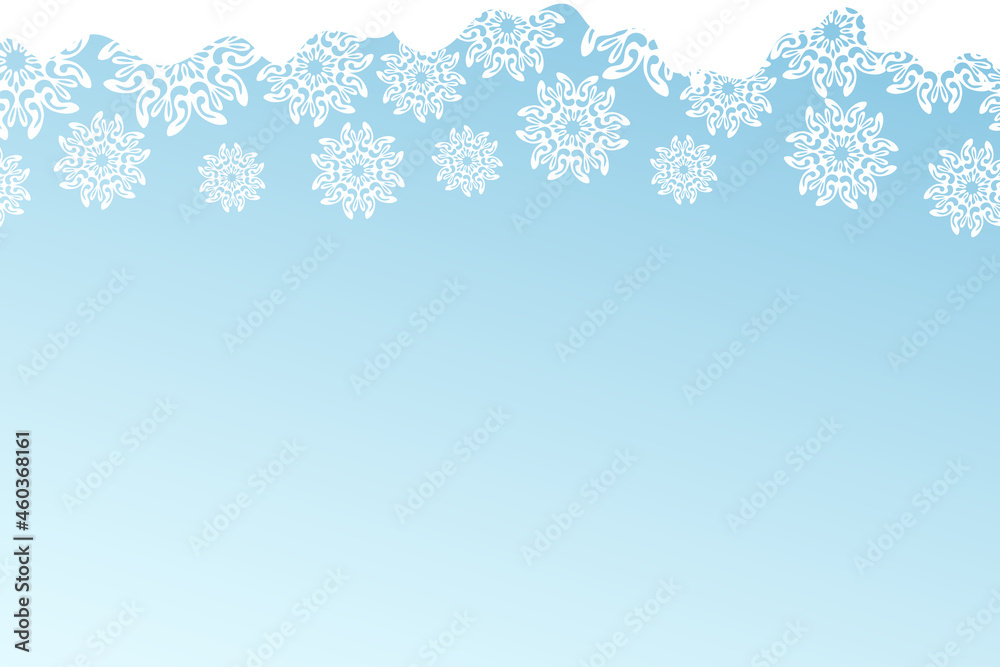 Christmas card with white snowflakes on blue background. Isolated snowflakes icon. Empty paper shape. Winter cartoon flat illustration. Copy space. Holiday pattern, banner, frame, greeting card design Christmas card with white snowflakes on blue background. Isolated snowflakes icon. Empty paper shape. Winter cartoon flat illustration. Copy space. Holiday pattern, banner, frame, greeting card design