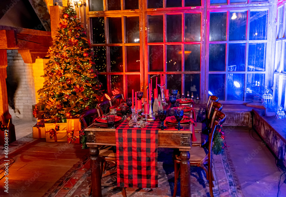 Celebration new year design. Indoor Christmas house interior. Christmas celebrating pretty room. Decorated interior for indoor celebration