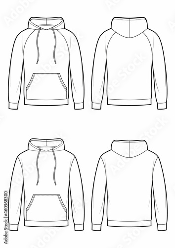 Kangaroo men's hoodie in front, back views. Two variants of sleeves