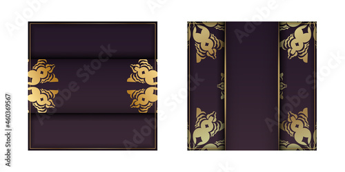 Brochure template in burgundy color with abstract gold pattern prepared for printing.