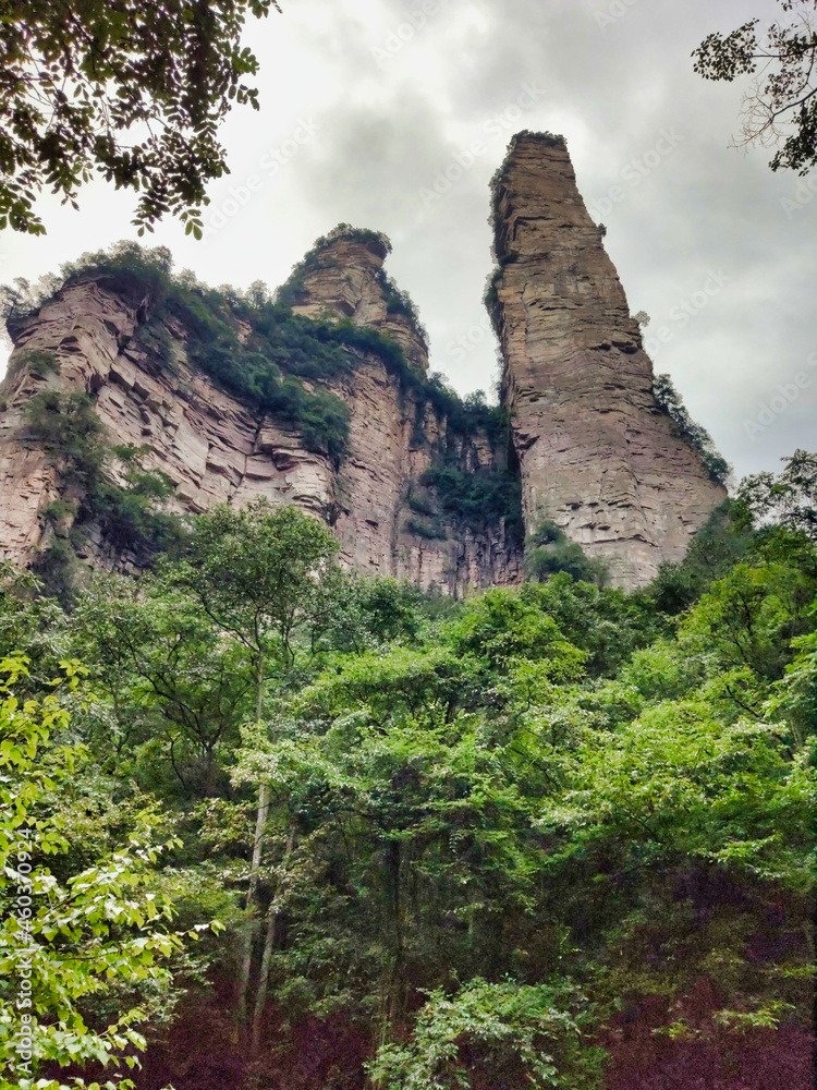 The sandstone pillars. Mountains in the national park Wulingyuan. Zhangjiajie. UNESCO World Heritage Site. China. Asia