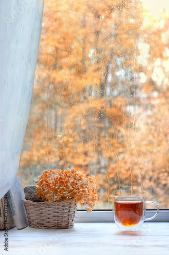 Foto tea cup, old books and flowers hydrangea on window sill