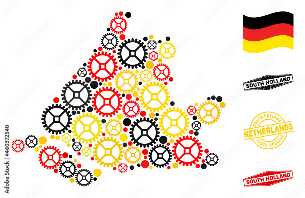 Cog South Holland map collage and seals. Vector collage is created from cog elements in various sizes, and Germany flag official colors - red, yellow, black.