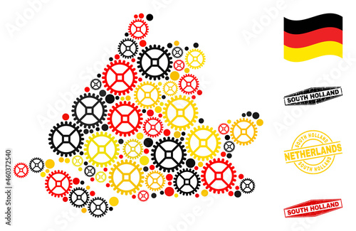Cog South Holland map collage and seals. Vector collage is created from cog elements in various sizes  and Germany flag official colors - red  yellow  black.