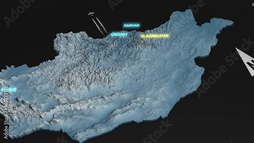 Seamless looping animation of the 3d terrain map at nighttime of Mongolia with the capital and the biggest cites in 4K resolution photo