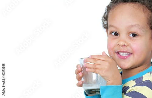 drinking milk for breakfast with white background stock photo