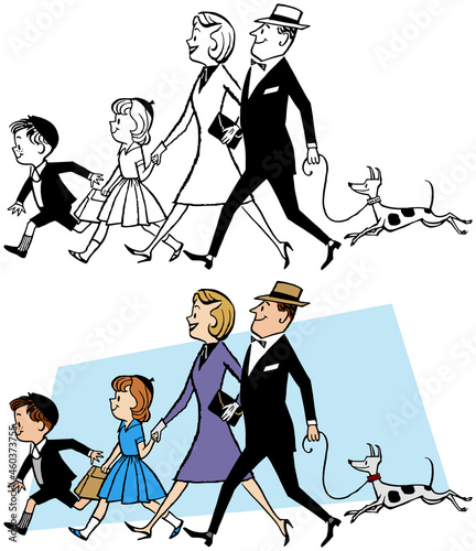 A vintage retro cartoon of a family out for a walk with their dog. 