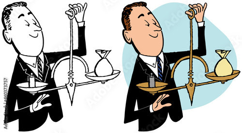 A vintage retro cartoon of a man weighing a bag of money on a brass scale. 