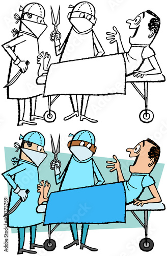 A vintage retro cartoon of a man on an operating table giving advice to his doctors and surgeons. 