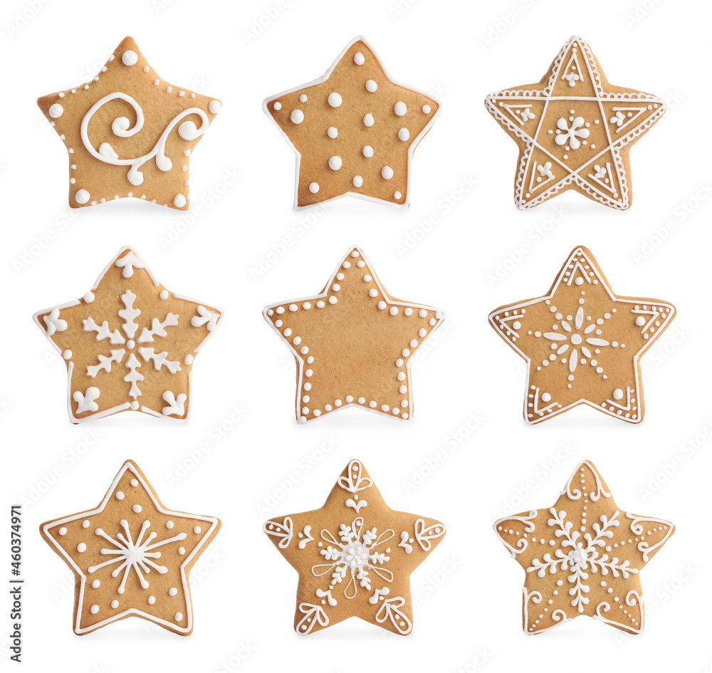Set with tasty decorated Christmas cookies on white background Set with tasty decorated Christmas cookies on white background