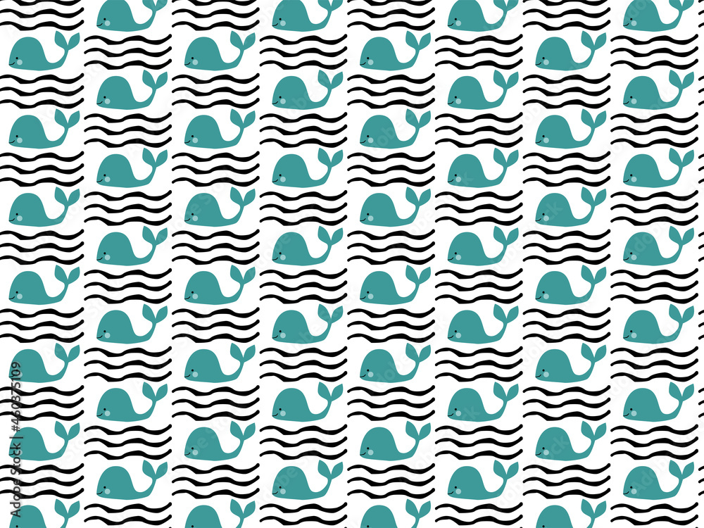 Childish marine pattern of whales, marine life background.
