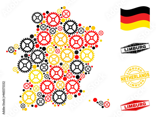 Service Limburg Province map collage and stamps. Vector collage is composed with repair service elements in variable sizes  and Germany flag official colors - red  yellow  black.