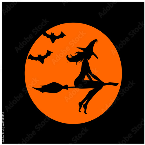Silhouette of a witch flies on a broomstick with bats