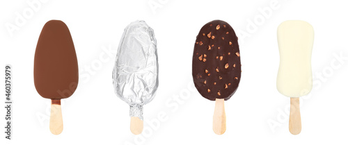 Set with different delicious glazed ice creams on white background. Banner design