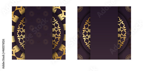 Template Greeting card in burgundy color with abstract gold ornament prepared for printing.
