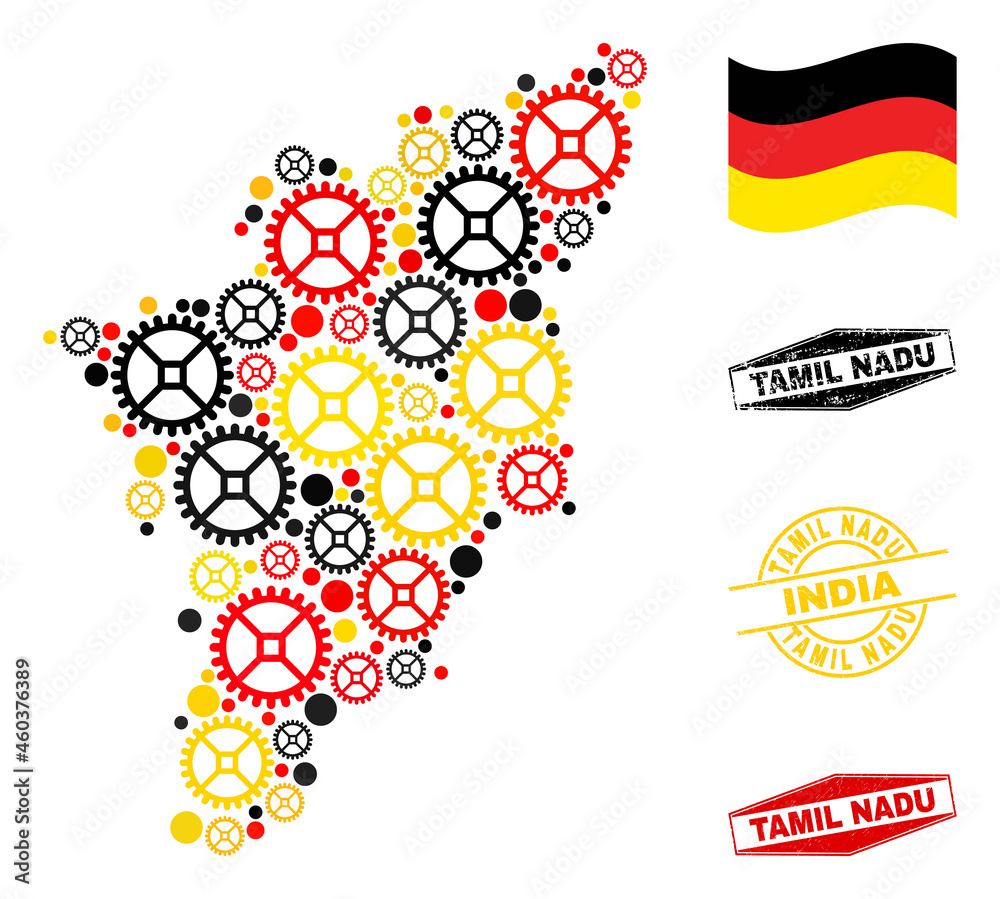 Fototapeta premium Industrial Tamil Nadu State map collage and stamps. Vector collage is composed of workshop elements in various sizes, and German flag official colors - red, yellow, black.