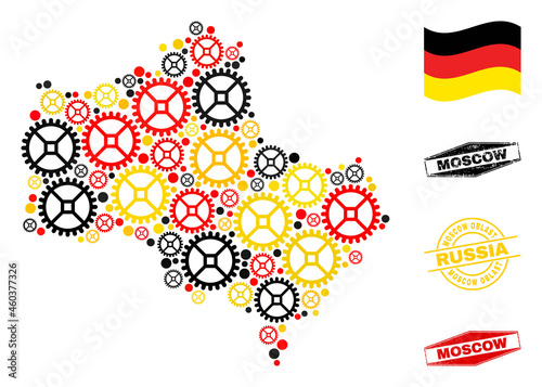 Service Moscow Region map mosaic and stamps. Vector collage is designed of service items in different sizes, and Germany flag official colors - red, yellow, black.