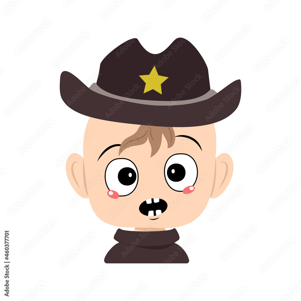 Avatar of child with emotions panic, surprised face, shocked eyes in sheriff hat with yellow star. Cute kid with scared expression in carnival costume. Head of adorable baby