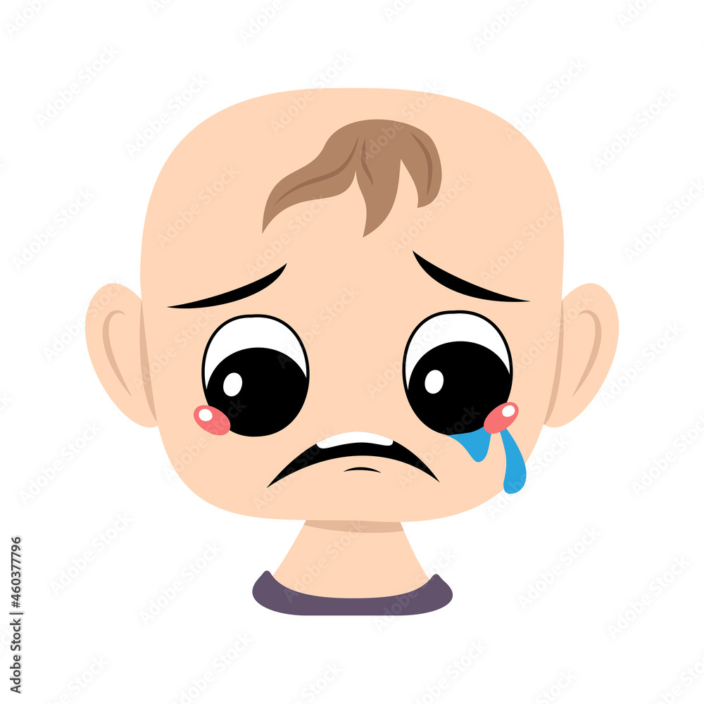 Child with crying and tears emotion, sad face, depressive eyes. Head of cute baby with melancholy expression Child with crying and tears emotion, sad face, depressive eyes. Head of cute baby with melancholy expression