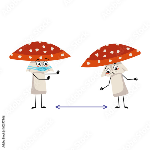 Cute amanita character with sad emotions, face and mask keep distance, arms and legs. Fly Agaric Mushroom from forest with depression expression