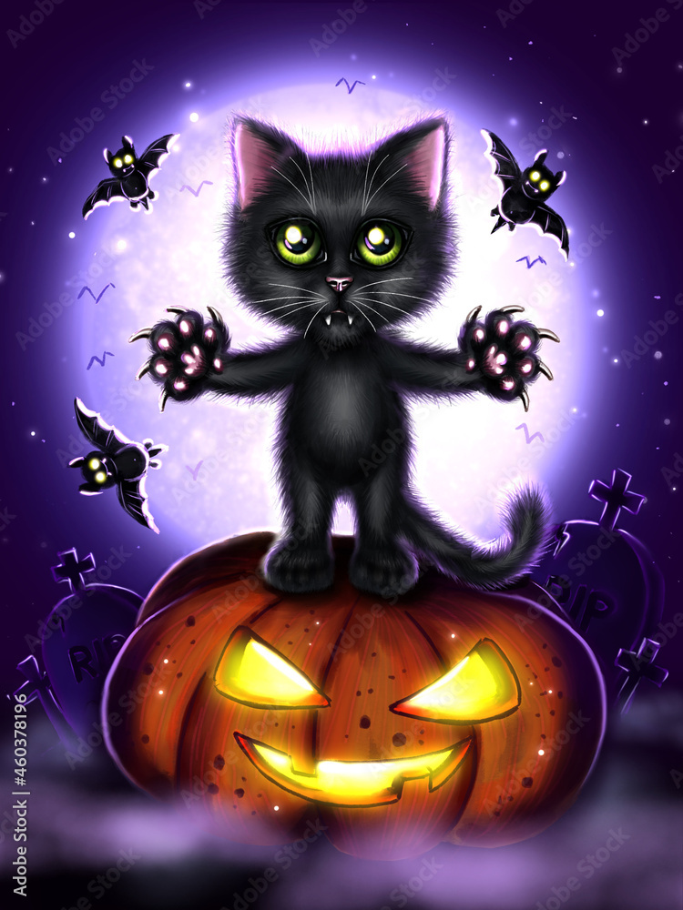 Halloween black cat on a background of the night sky with a big moon vertical format Halloween black cat on a background of the night sky with a big moon vertical format