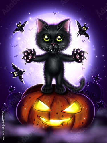 Halloween black cat on a background of the night sky with a big moon vertical format © Galinka Kro