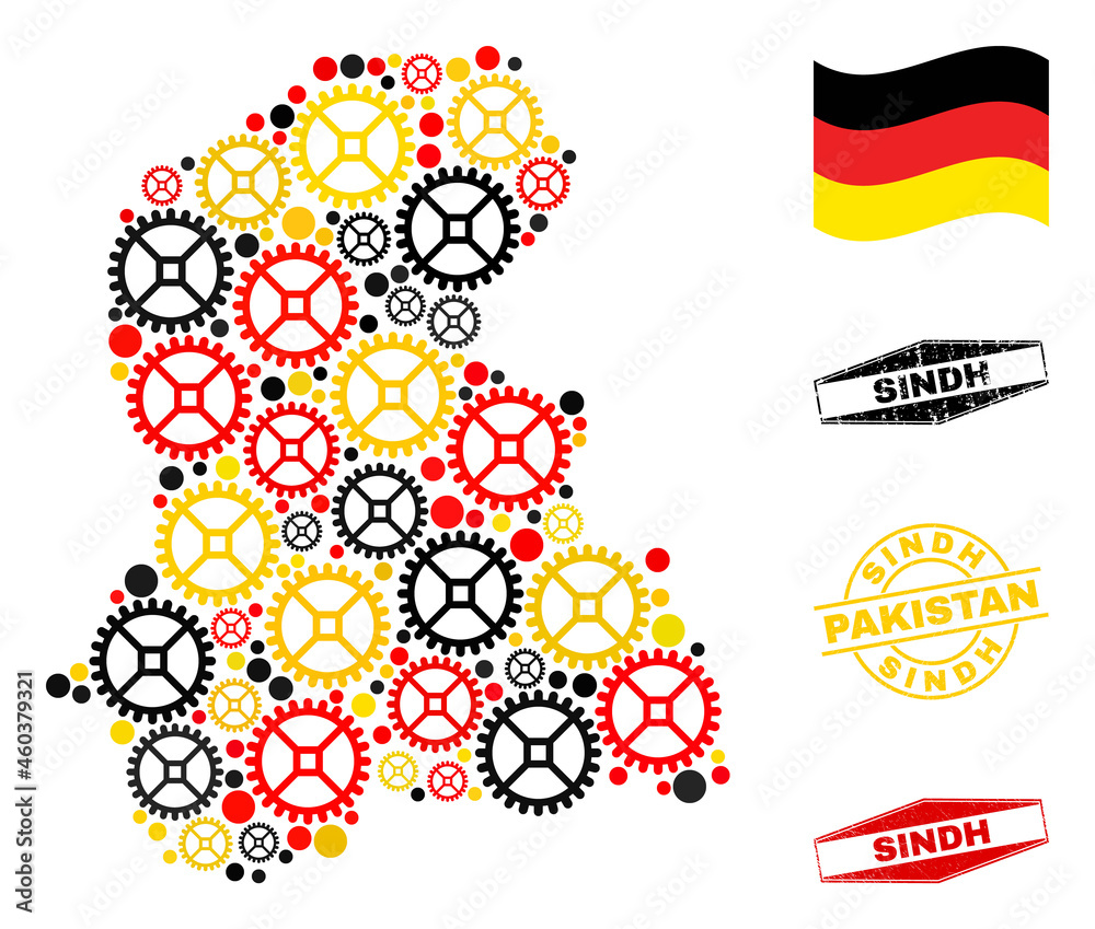 Repair workshop Sindh Province map mosaic and stamps. Vector collage is formed with repair workshop icons in variable sizes, and German flag official colors - red, yellow, black.