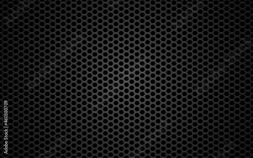 Metal mesh texture. Perforated steel concept. Gray carbon with light. Futuristic metal plate. Dark industrial material with round cells. Vector illustration