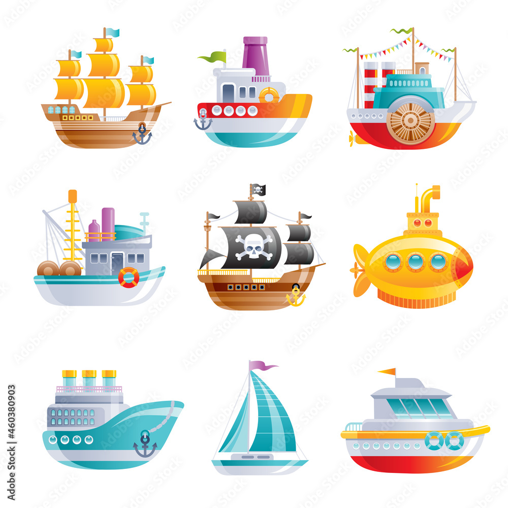 Marine ship icon set. Boat, sailship, pirate galleon, cruise, yellow submarine, motor boat, fishing trawler. 3D Cartoon water transport design. Flat vector illustration isolated on white background.