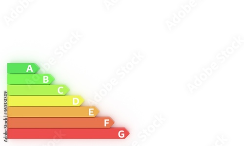 Energy efficiency class rating. Isometric colors labels. Certification system bar graph. 3d model chart. Consumption performance concept. Used for global warming. Front view