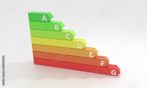 Energy efficiency class rating. Isometric colors labels. Certification system bar graph. 3d model chart. Consumption performance concept. Used for global warming. Diagonal view