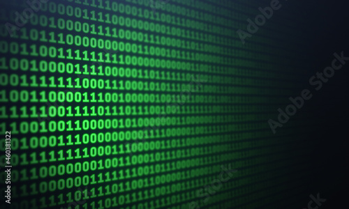 Blur binary code on computer screen background. Green digits listing table. Side view. Data technologic concept	