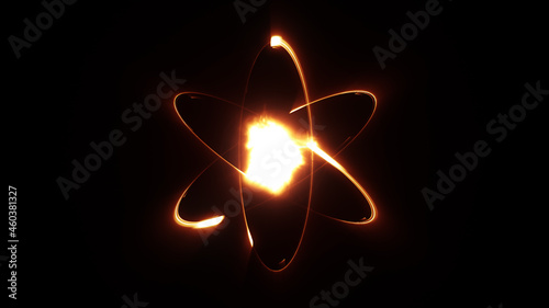 Neon lights atom model. Abstract fire atom or fireball  around nucleus on black background. Concept of science, energy, matter, quantum physics.